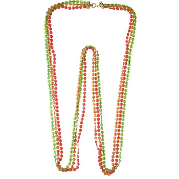 Red Green Orange Plastic Fixed Bead Multi Strand Necklace 50" Long, E219 - Picture 2 of 7